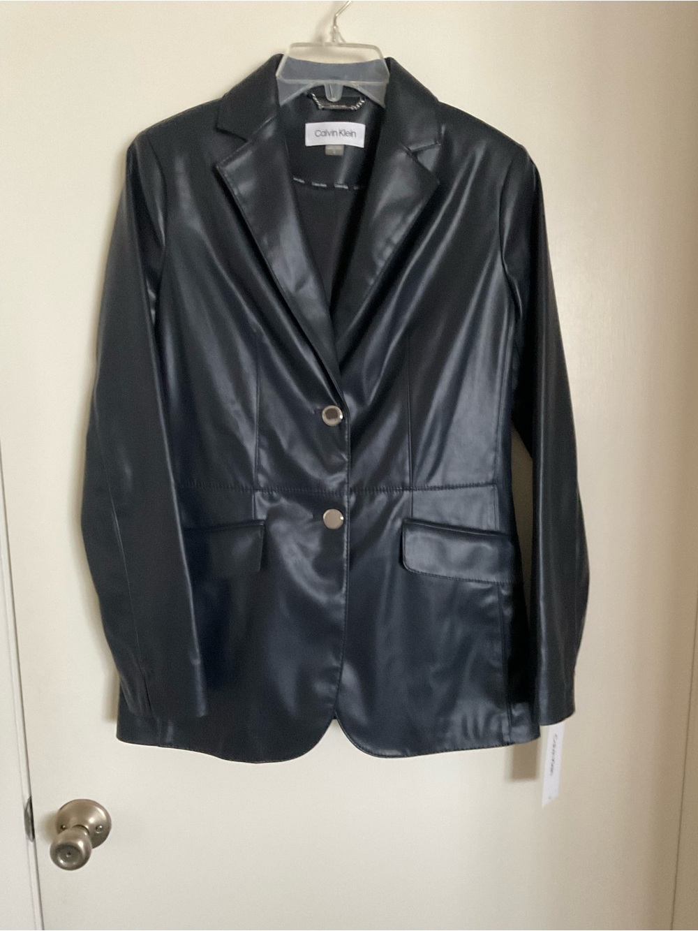 Calvin Klein Navy Blue Faux Leather Blazer Jacket with Notch Lapel